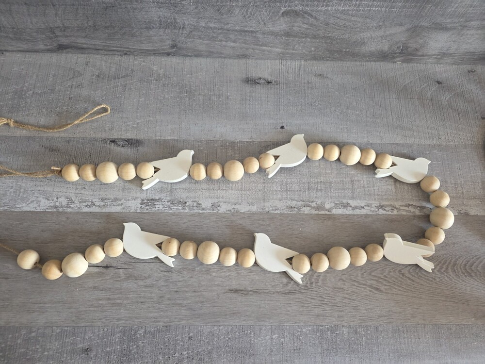 Neutral Garland Christmas Wood & White 5' Beads w DOVES Minimalist Natural g24d